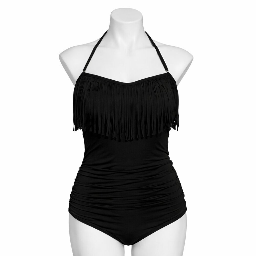 Kim Gravel x Swimsuits For All Black Fringe One Piece Ruched Halter Swimsuit 14